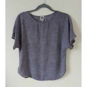 Anne Klein Women's S Blue White Polka Dot Short Sleeve Scoop Neck Blouse S